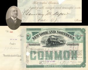 New York and Northern Railway Co. Transferred to Chauncey M. Depew - 1893 dated Autographed Stock Certificate