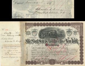 Port Jervis, Monticello and New York Railroad Co. Issued to and signed by Charles F. Crisp - 1896 and 1899 dated Stock Certificate