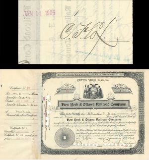 New York and Ottawa Railroad Co. Issued to and signed by Charles F. Cox and E.V.W. Rossiter - 1905 dated Stock Certificate