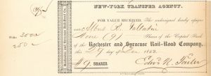 Rochester and Syracuse Rail-Road Co. Issued to Albert R. Gallatin - Son of Albert Gallatin - 1852 dated Stock