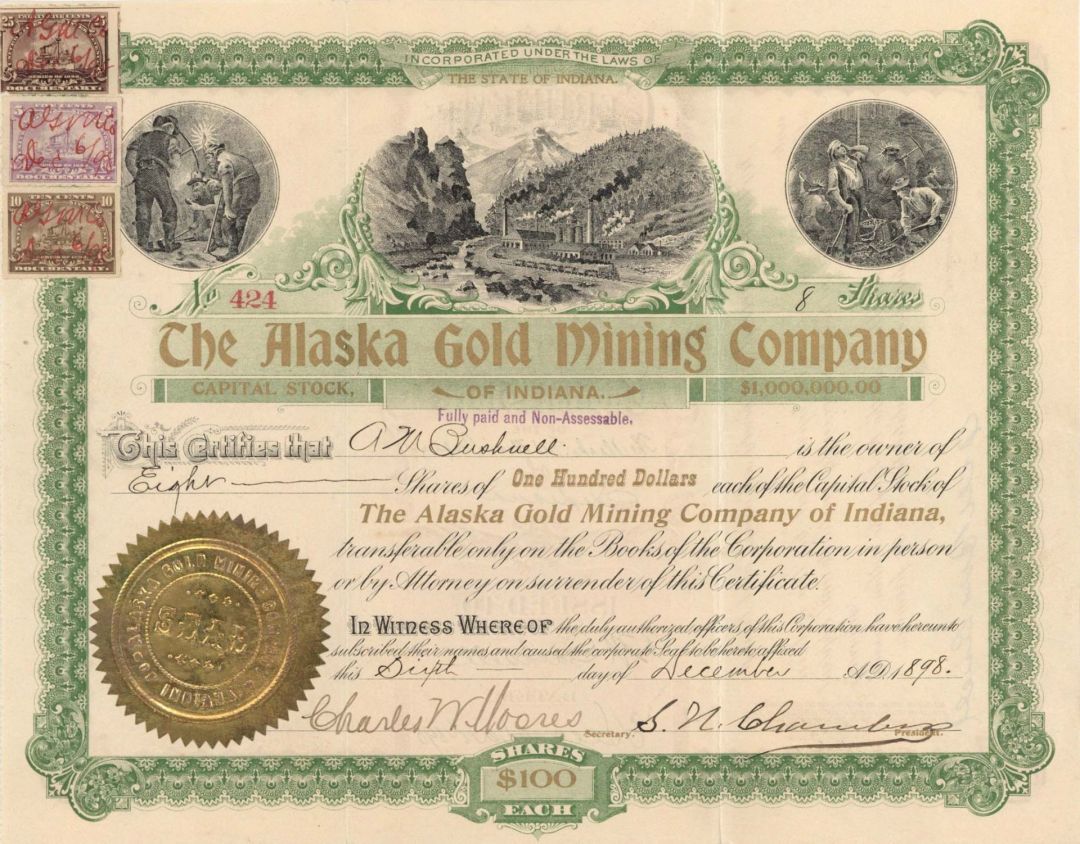 Alaska Gold Mining Co.  - 1898 dated Stock Certificate