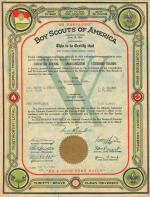 Boy Scouts of America - Program Certificate - Facsimile Signatures of Franklin D. Roosevelt, Herbert Hoover & William Gibbs McAdoo Jr. - Americana