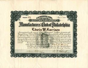 Manufactureres Club of Philadelphia Membership Certificate