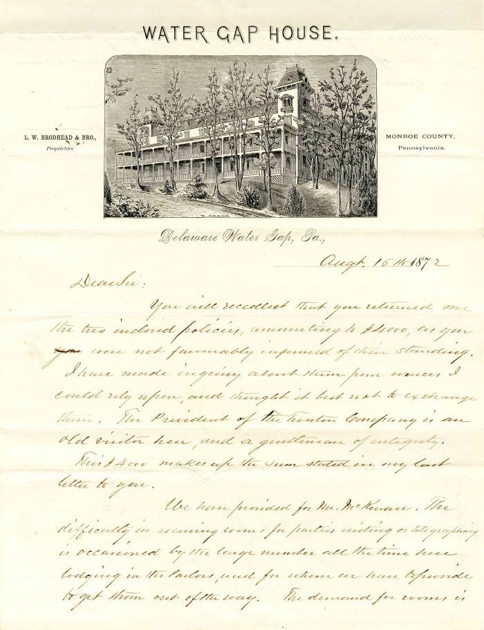 Letter on Water Gap House stationery