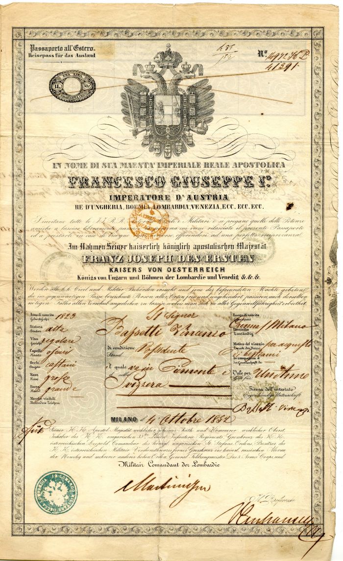 Passport of Francesco Giuseppe I - Austrian Ephemera