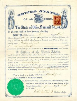 State of Ohio, Summit Co., S.S. - 1886 dated United States Citizenship Certificate - Naturalization - Ephemera