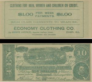 Confederate States of America - circa 1930's Advertising Note - Economy Clothing Co. - Americana - Advertising Note