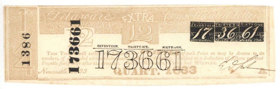 1833 dated Lottery Ticket - Newcastle, Delaware - Americana