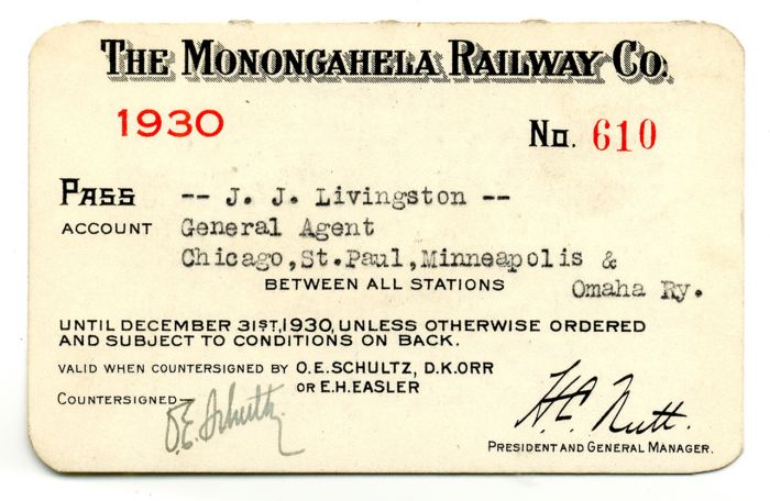 Monongahela Railway Co. Railroad Pass - Americana