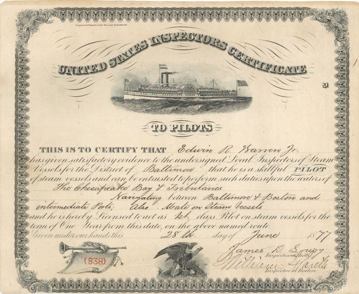 United States Inspectors Certificate to Pilots - Americana