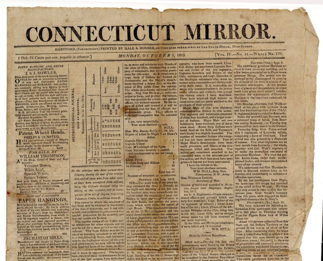 Connecticut Mirror Publication - 1812 dated Americana