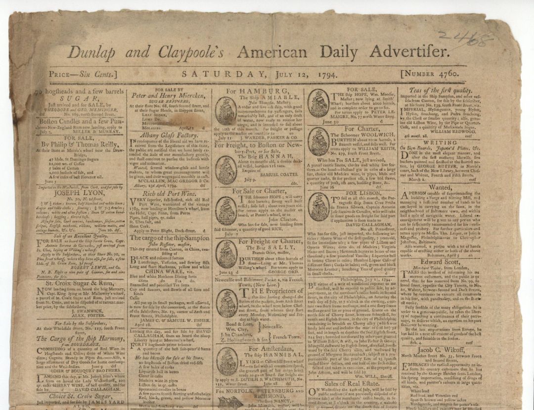 Dunlap and Claypoole's American Daily Advertiser - 1794 dated Americana