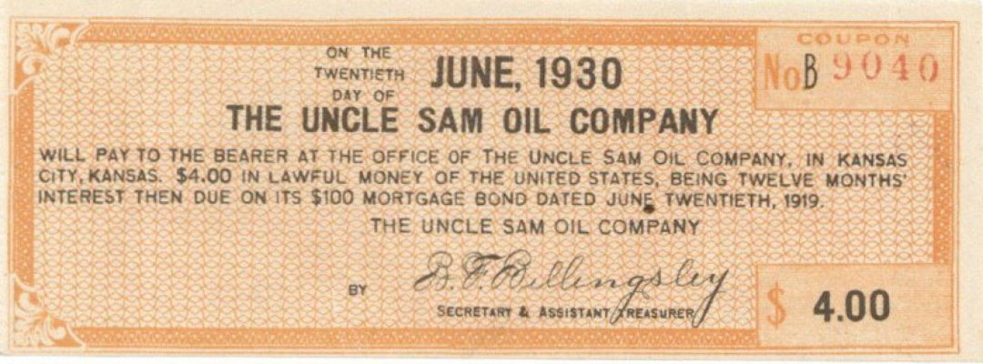 Uncle Sam Oil Co. Coupon - 1930 dated Americana