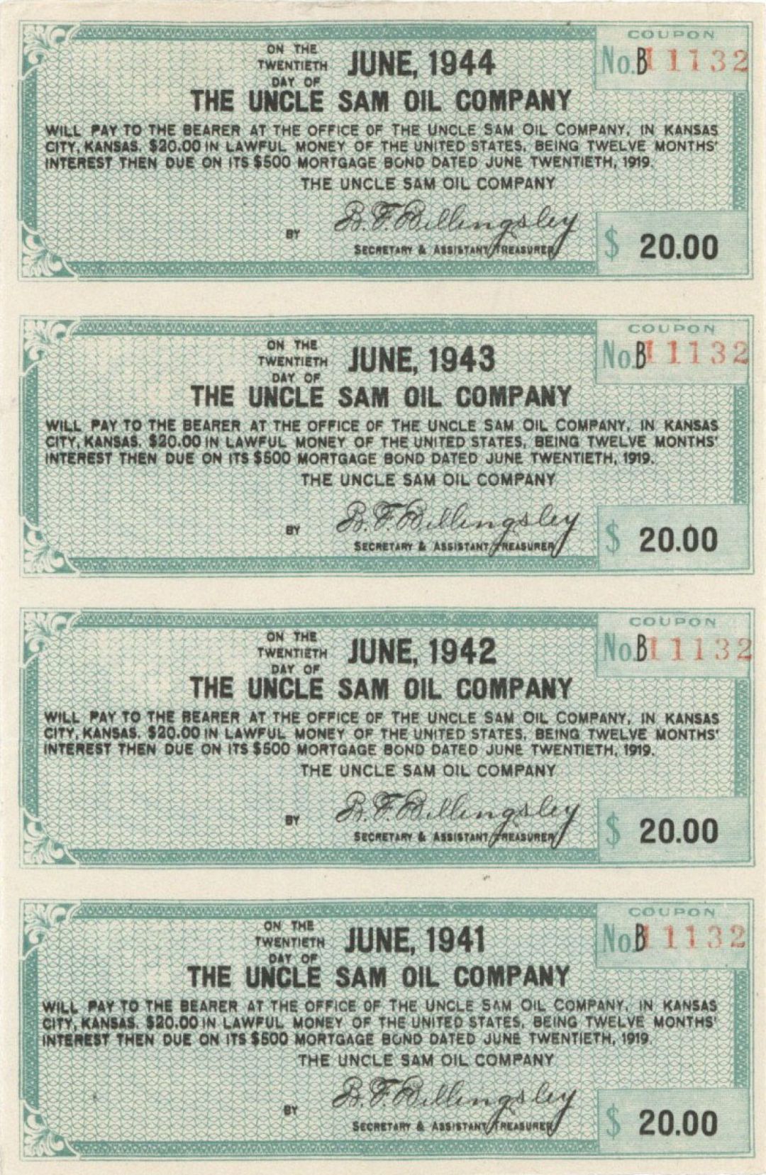 Uncle Sam Oil Co. Coupon Sheet - 1941-1944 dated Americana