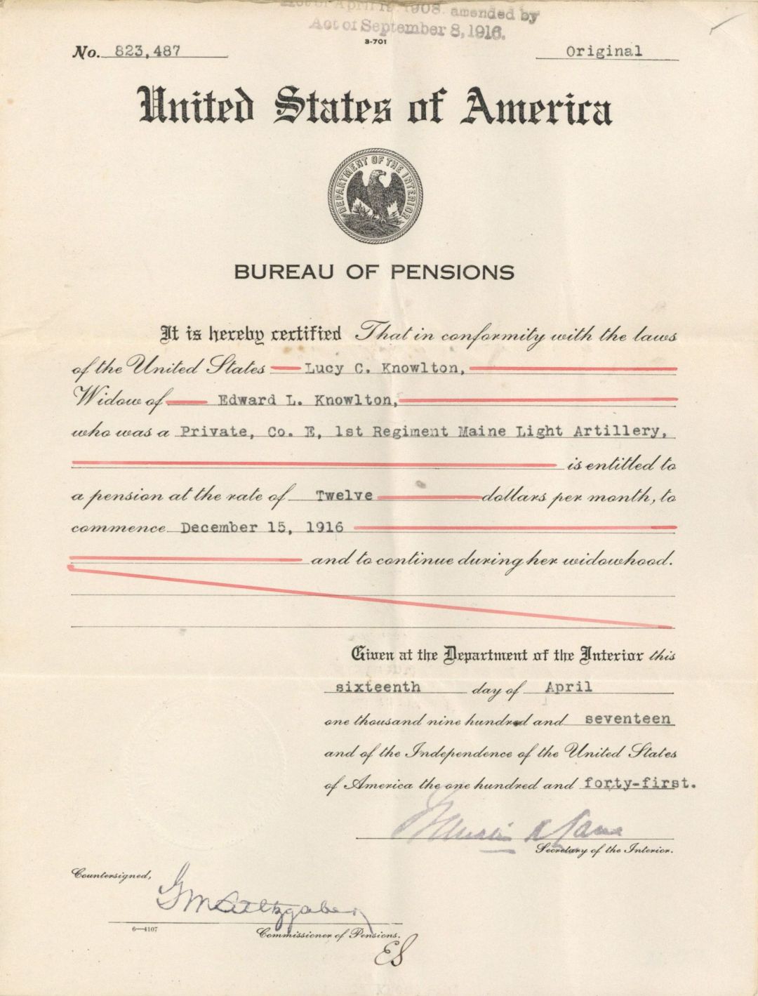 Bureau of Pensions  -  1916 dated Americana