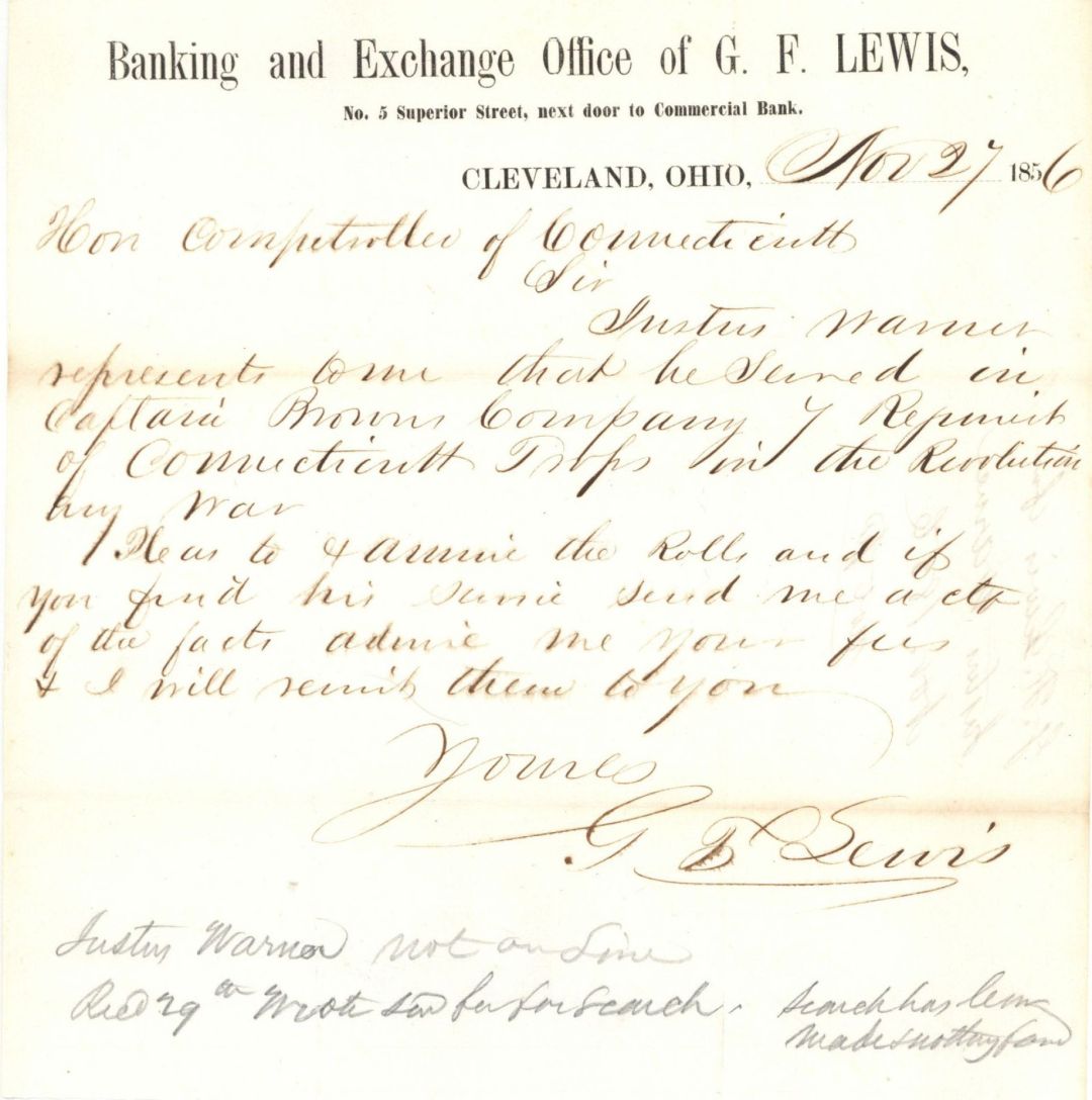 Banking and Exhcange Office of G. F. Lewis Letter  -   1856 dated Americana