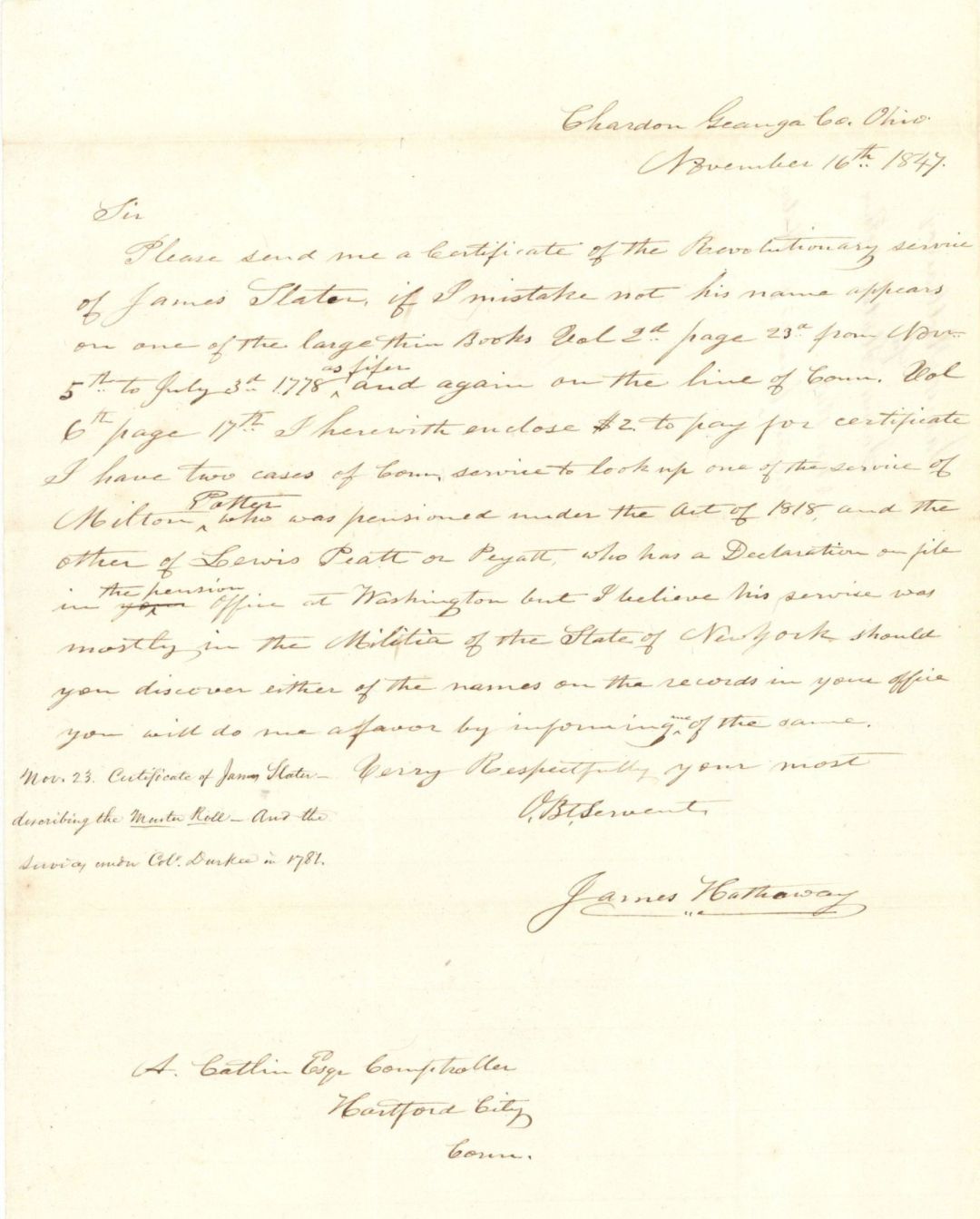 Pension Office Letter - 1847 dated Americana