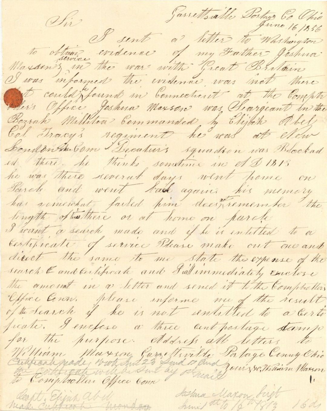 Comptrollers Office Letter - 1856 dated Americana