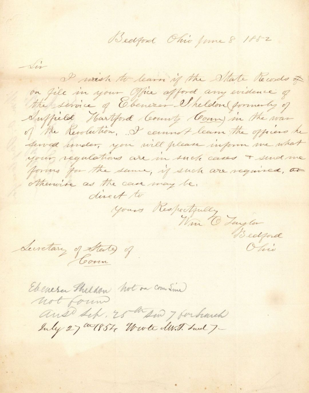 Secretary of State of Conn. Letter - 1852 dated Americana