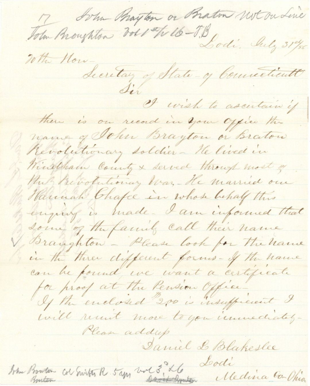 Secretary of State of Conn. Letter - 1856 dated Americana