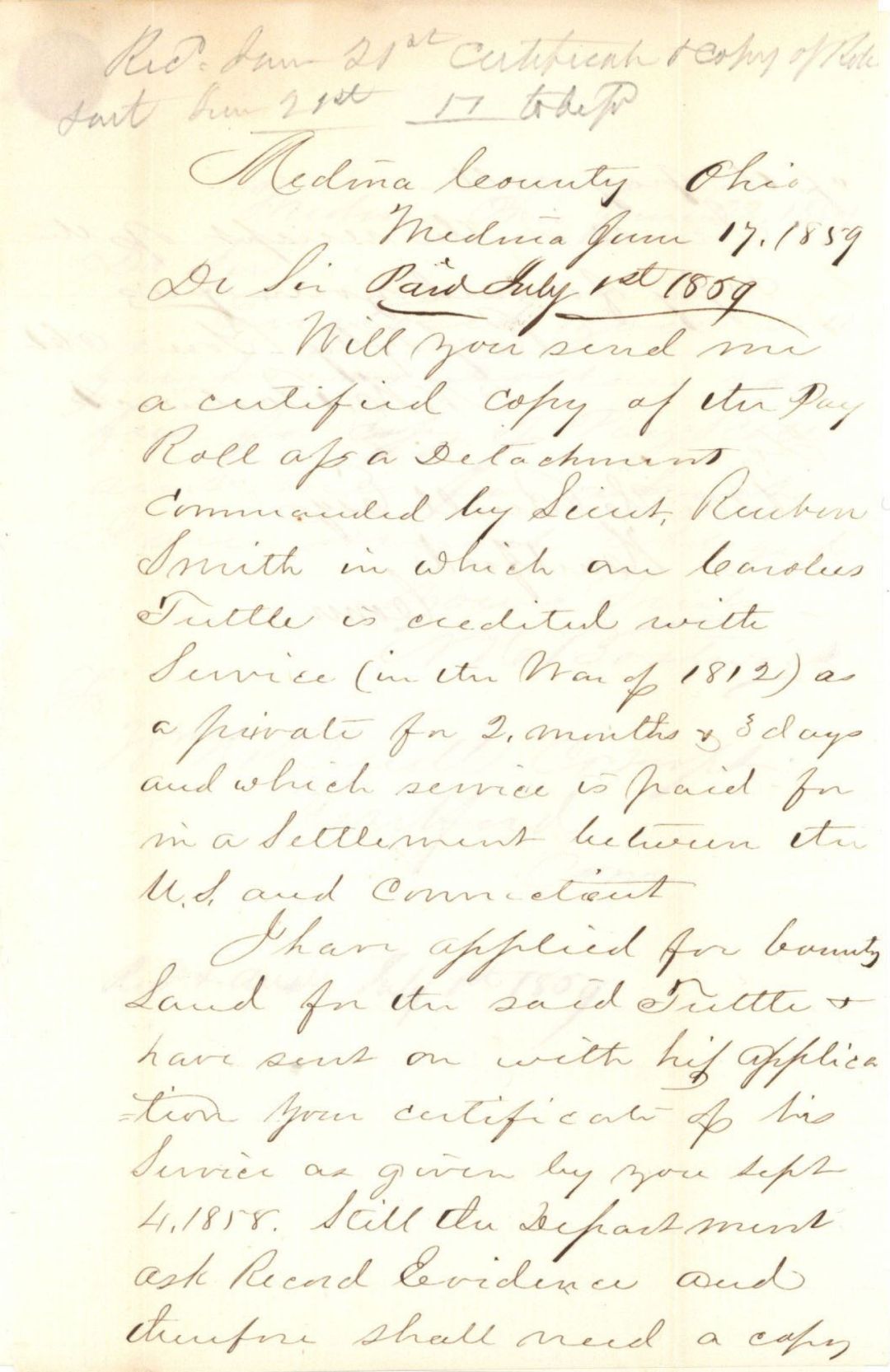 Medina County Ohio Letter - 1859 dated Americana