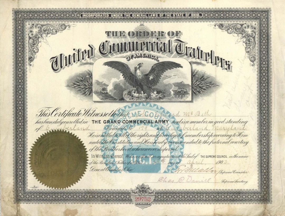 Grand Commercial Army Certificate  - 1903 dated Americana