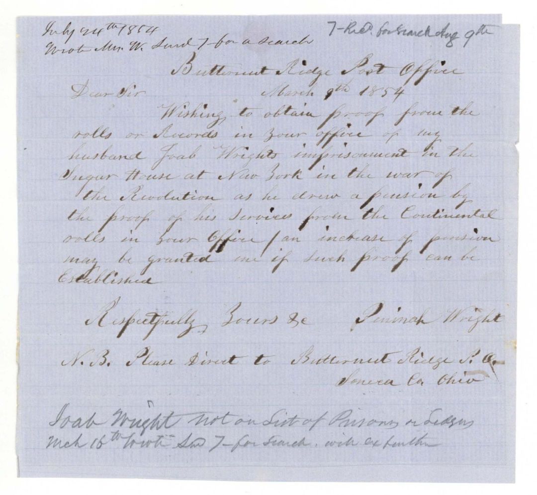 1854 dated Letter to Butternut Ridge Post Office  -  Americana