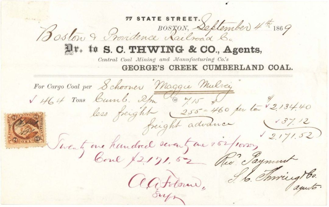 1869 Bill from Central Coal Mining and Manufacturing Co.  -  Americana