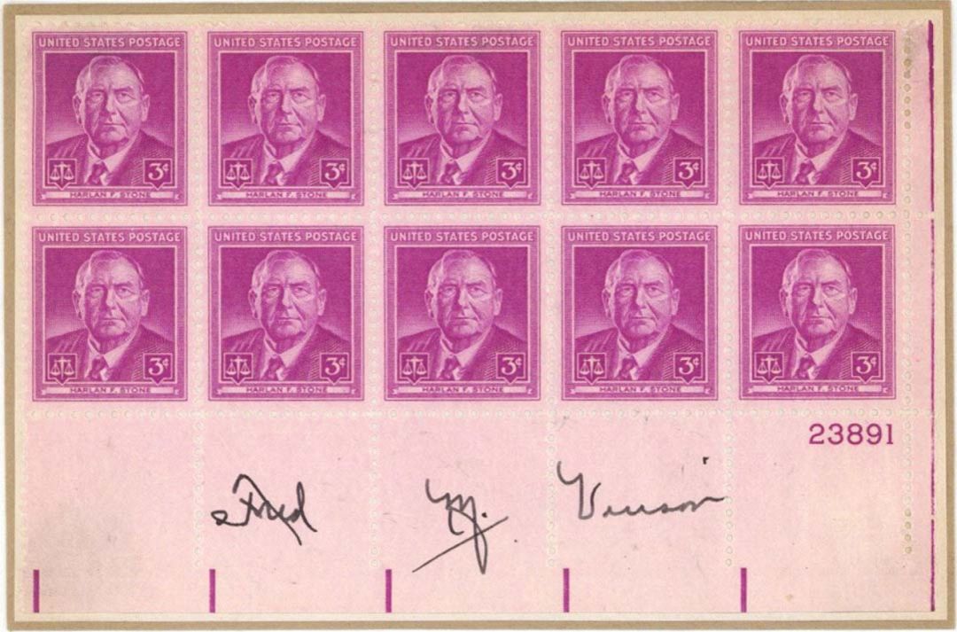 10-3 cents Stamps signed by Fred M. Vinson -  Americana