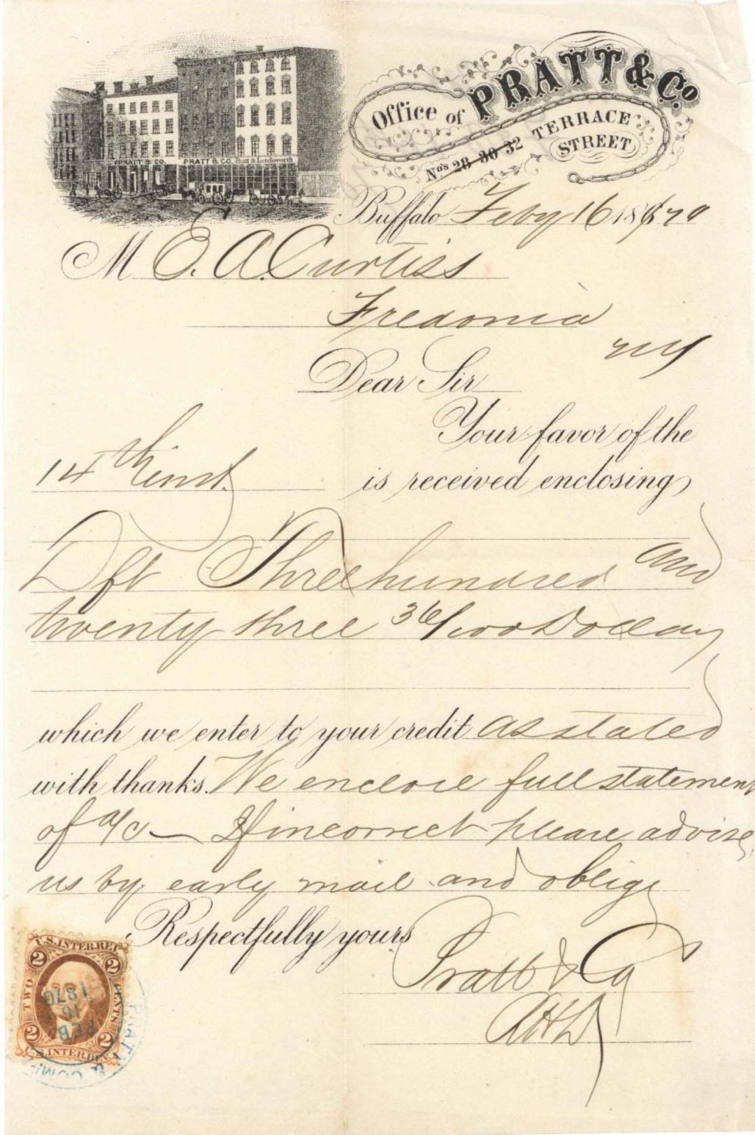 Pratt and Co. Receipt with Revenue Stamp -  1870 dated Americana