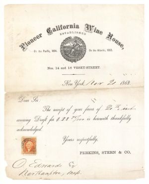 Pioneer California Wine House Receipt with Revenue Stamp -  1868 dated Americana