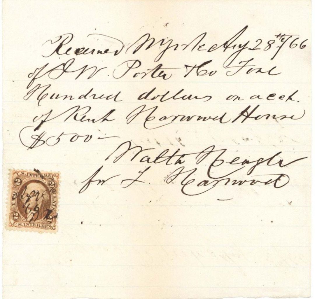 Receipt with Revenue Stamp -  1866 dated Americana