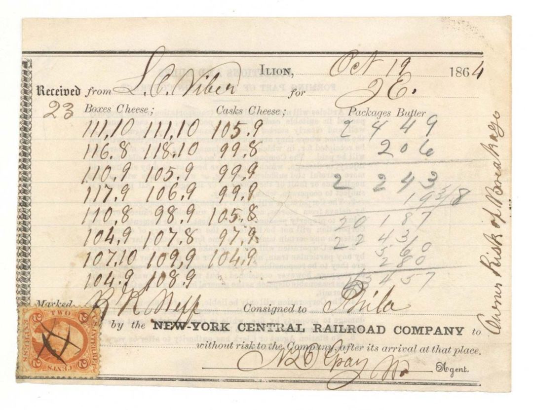 Receipt with Revenue Stamp -  1864 dated Americana