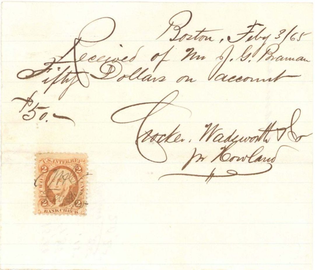 Receipt with Revenue Stamp -  1865 dated Americana