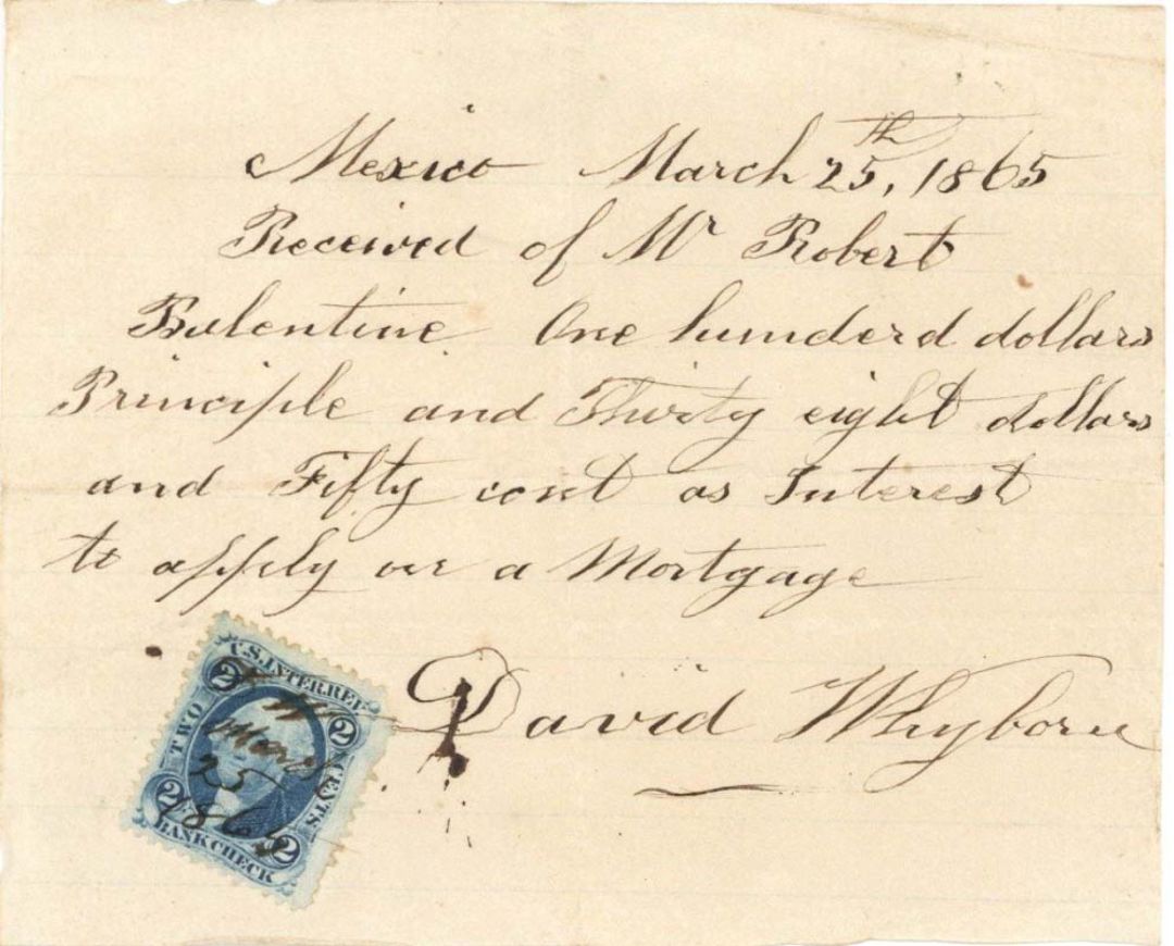 Receipt with Revenue Stamp -  1865 dated Americana