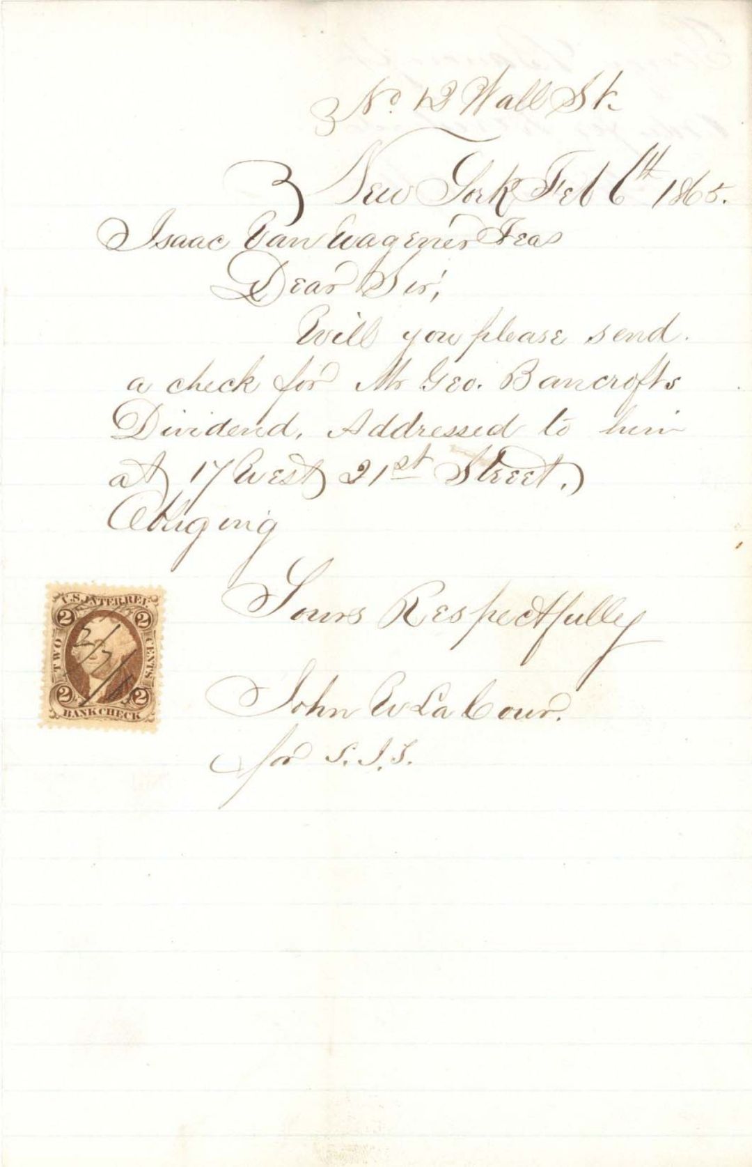 Request for Dividend Check with Revenue Stamp - 1865 dated Americana