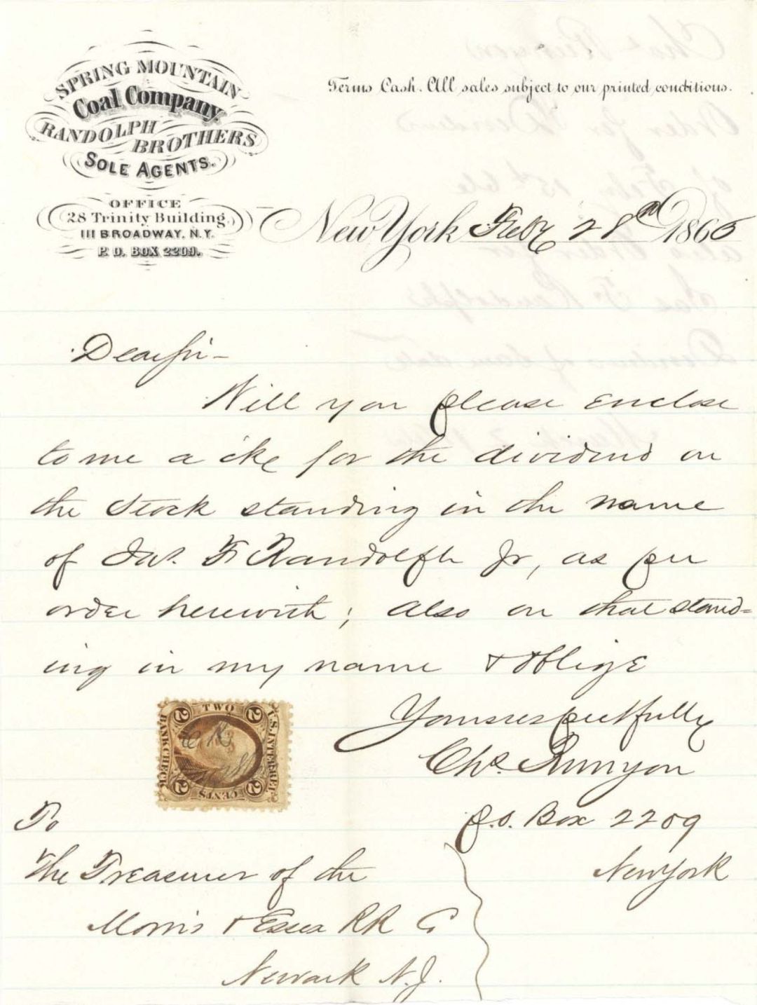 Request for Dividend Check with Revenue Stamp - 1865 dated Americana