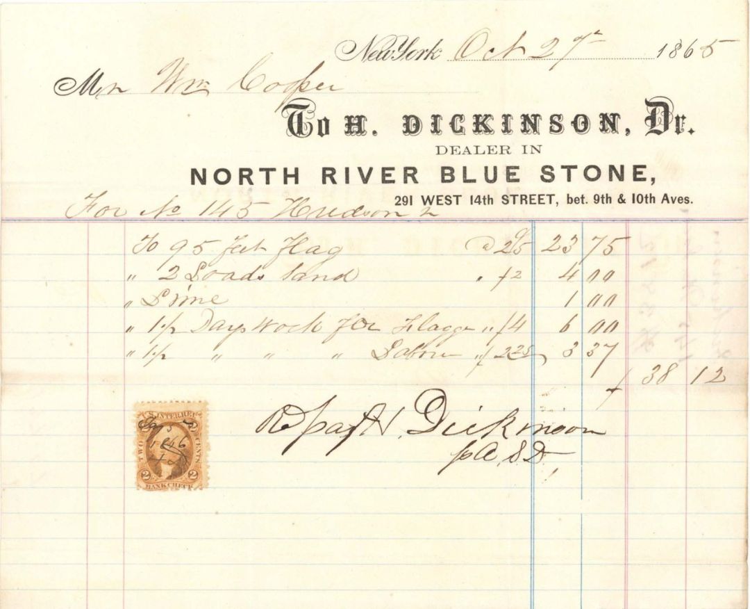 Statement to H. Dickinson, Dr. with Revenue Stamp - 1865 dated Americana