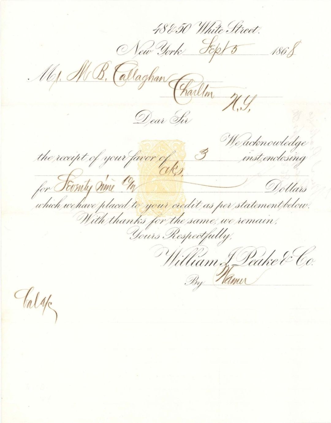 Receipt with Imprinted Revenue Stamp - 1868 dated Americana