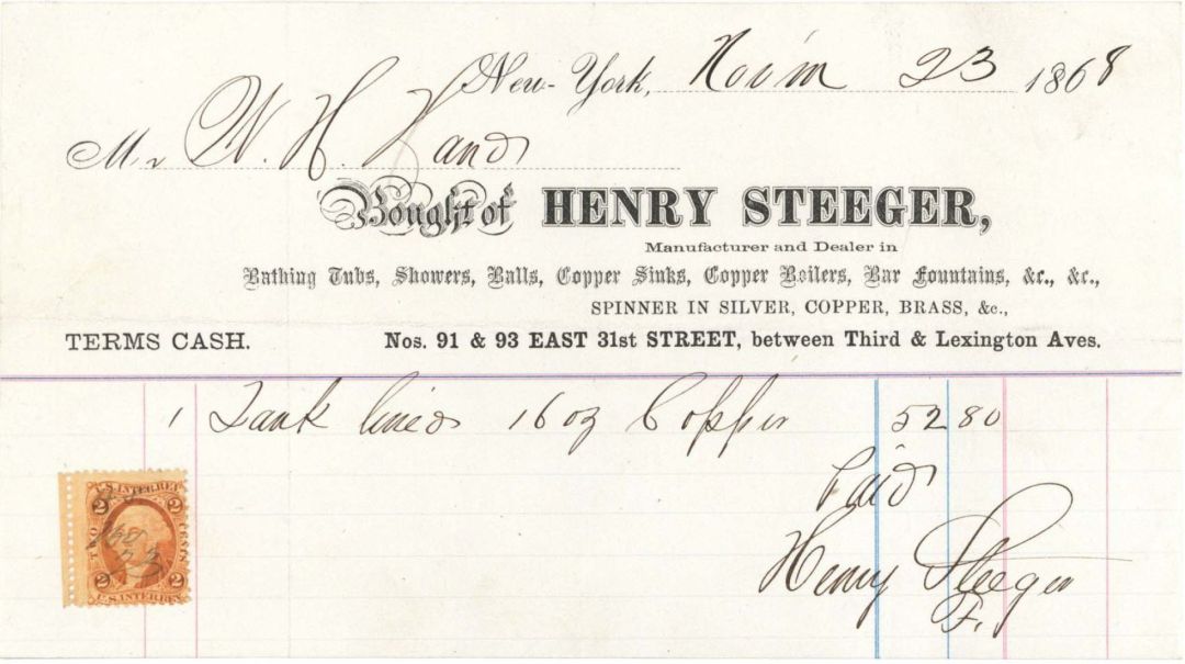 Statement from Henry Steeger with Revenue Stamp - 1868 dated Americana