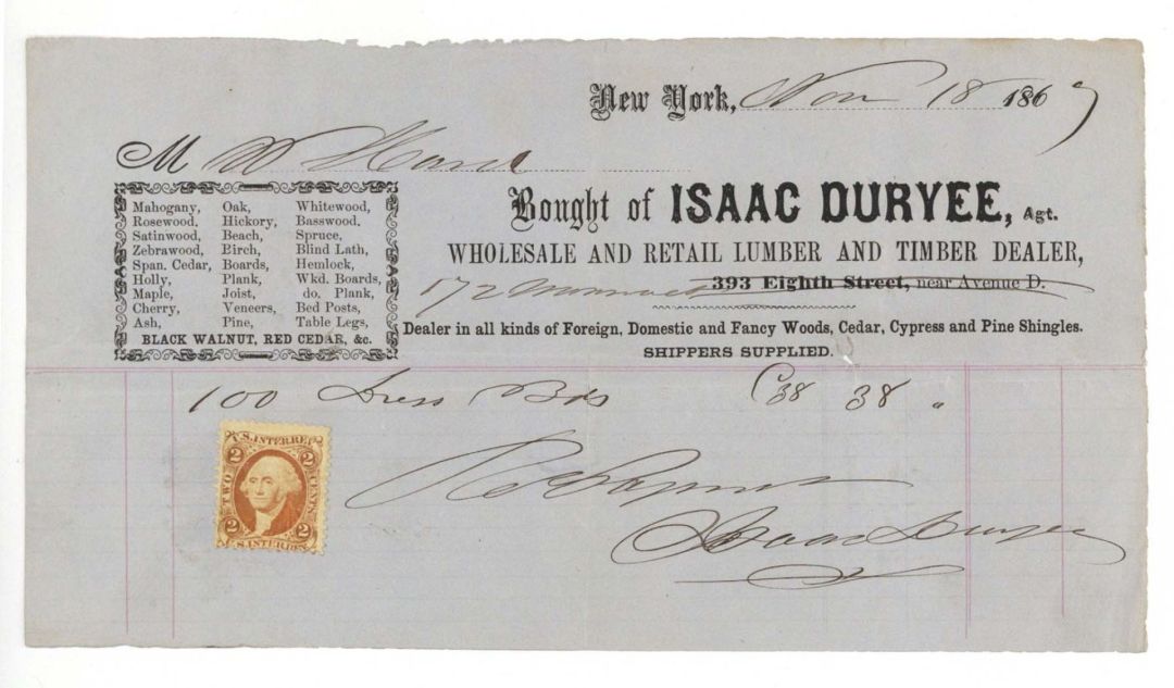 Statement from Isaac Duryee, Agt. with Revenue Stamp - 1867 dated Americana