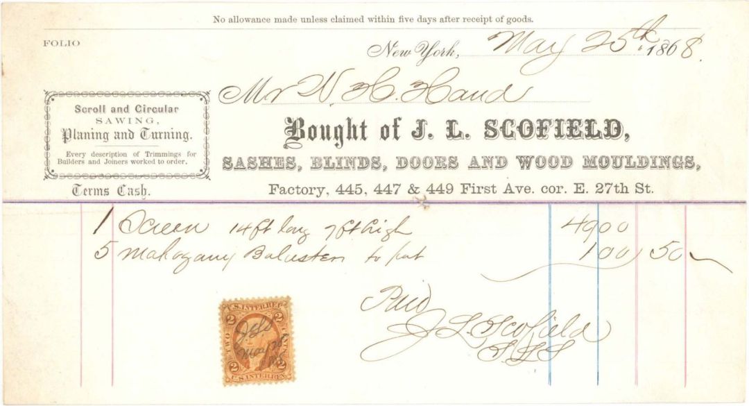 Statement from J.L. Scofield with Revenue Stamp - 1868 dated Americana