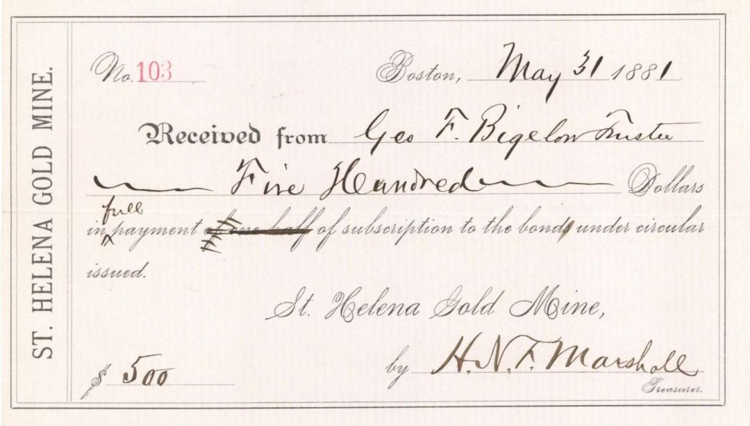 St. Helena Gold Mine Receipt  -  1881 dated Americana