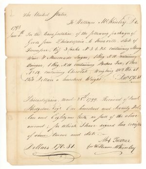 Handwritten Receipt for Goods  -  1798 dated Americana