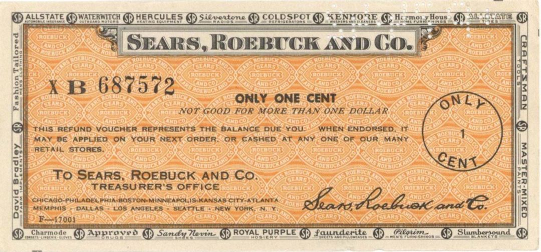 Sears, Roebuck and Company 1 cent Voucher  -  Americana