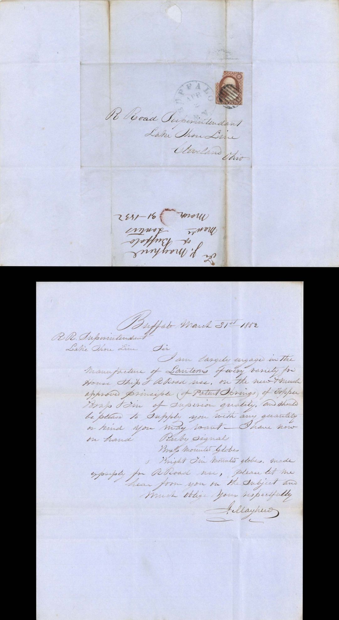 Handwritten Letter Regarding Lanterns  -  1852 dated Americana