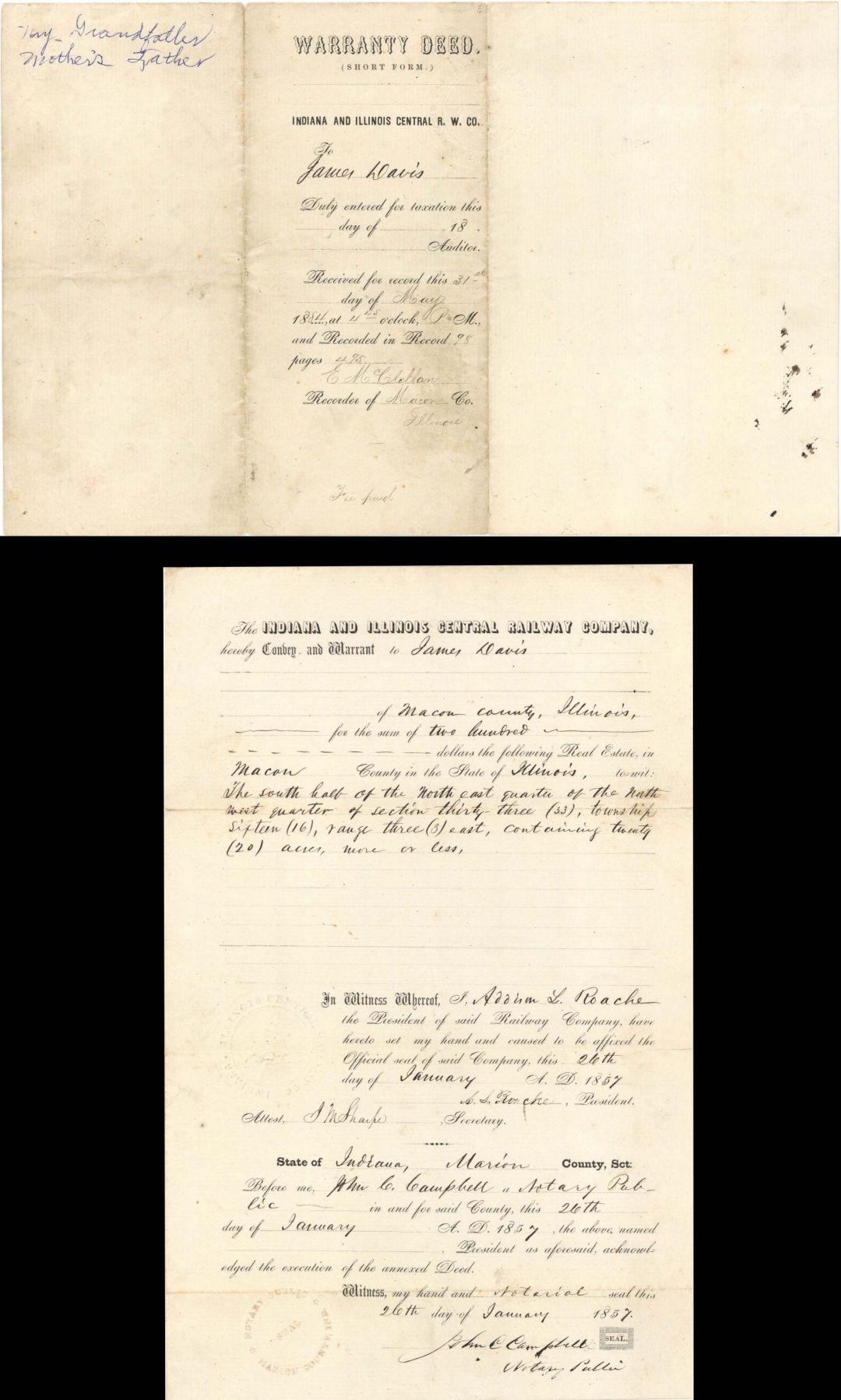 Indiana and Illinois Central Railway Co. Warranty Deed - 1857 dated Americana