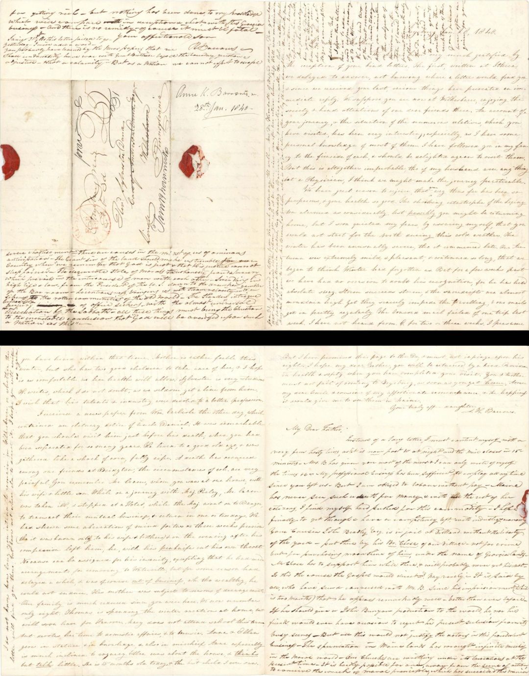 Handwritten letter from daughter to father -  1840 dated Americana