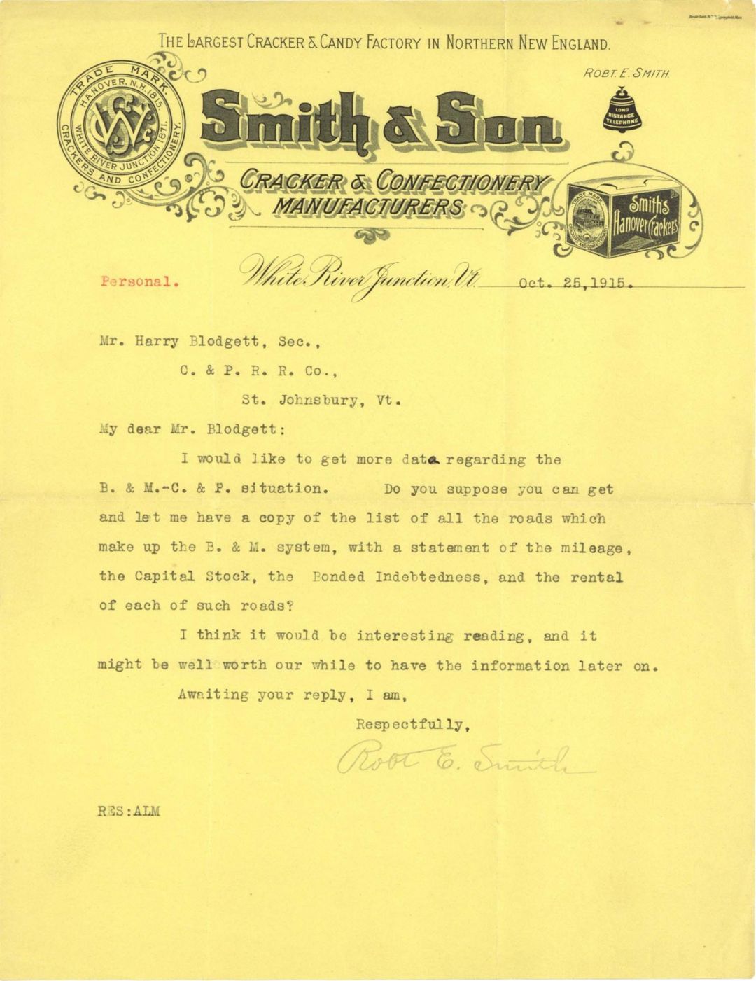 Smith and Son Letter related to C. and P. RR. Co. - 1915 dated - Americana