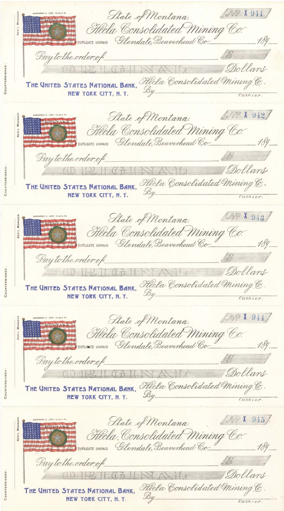  Uncut Sheet of 5 Mining Checks  -  189- dated Americana